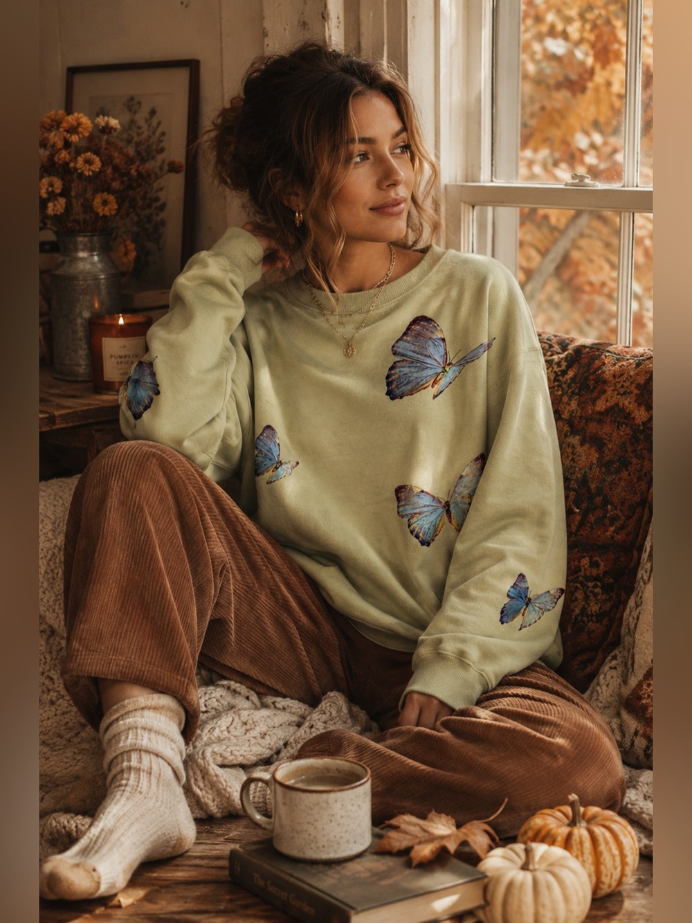 Urban Outfitters Coney Island Picnic Sage Green Butterfly Organic Sweatshirt L